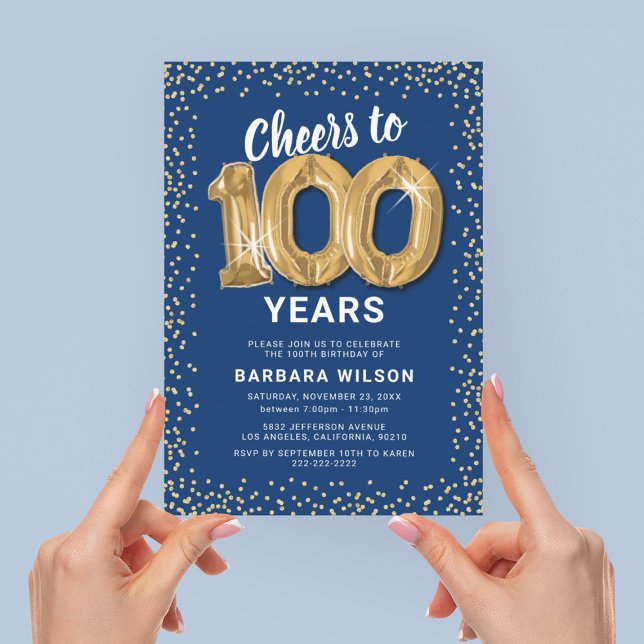 Convite de Aniversário de 100 Anos Blue Gold (Criador carregado)