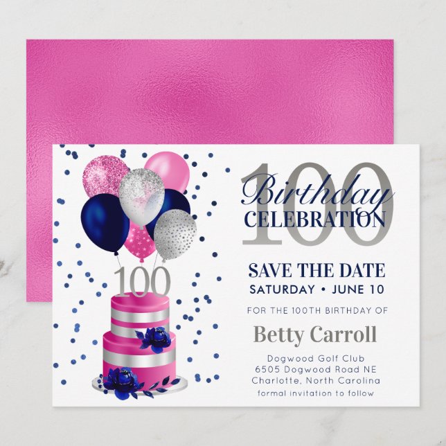 Convite de Aniversário de 100 anos Bolo Rosa Save  (Frente/Verso)