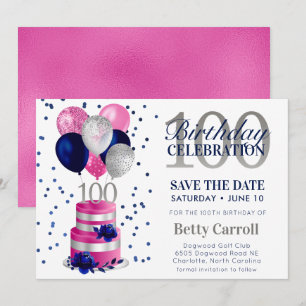 Convite de Aniversário de 100 anos Bolo Rosa Save