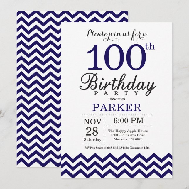 Convite de Aniversário de 100 anos Chevron Azul Ma (Frente/Verso)