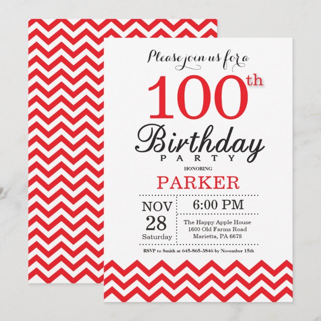 Convite de Aniversário de 100 anos Chevron Vermelh (Frente/Verso)