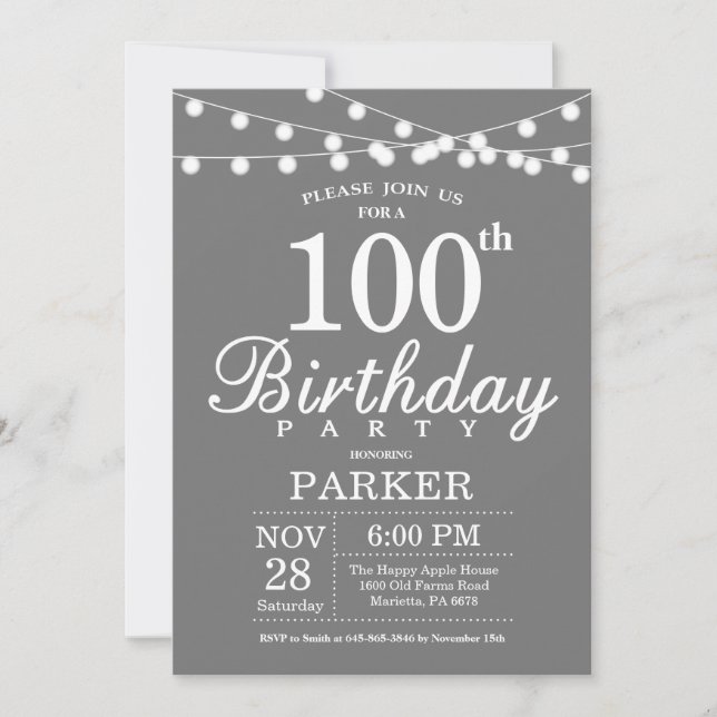 Convite de Aniversário de 100 anos Cinza e Branco (Frente)