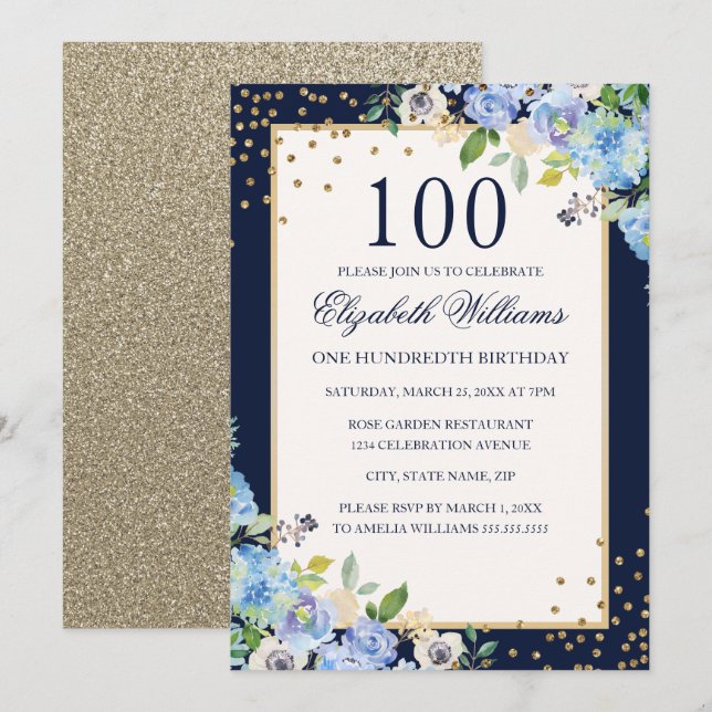 Convite de Aniversário de 100 anos com Brilho Flor (Frente/Verso)
