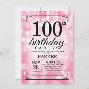 Convite de Aniversário de 100 anos com Brilho Rosa