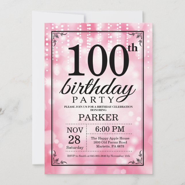Convite de Aniversário de 100 anos com Brilho Rosa (Frente)