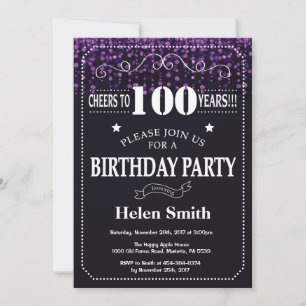 Convite de Aniversário de 100 anos com Brilho Roxo