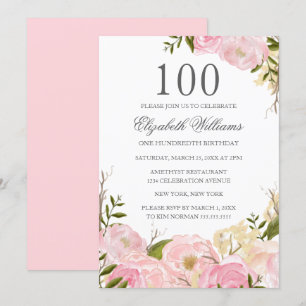 Convite de Aniversário de 100 anos com Floral Aqua
