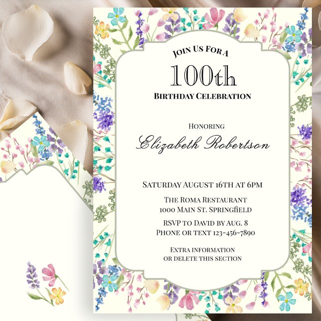 Convite de Aniversário de 100 anos com Floral Colo (Criador carregado)