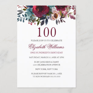 Convite de Aniversário de 100 anos com Floral Wate