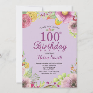 Convite de Aniversário de 100 anos Floral para Mul