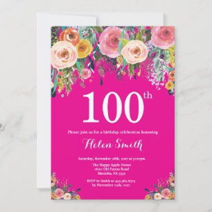 Convite de Aniversário de 100 anos Floral Rosa Vib