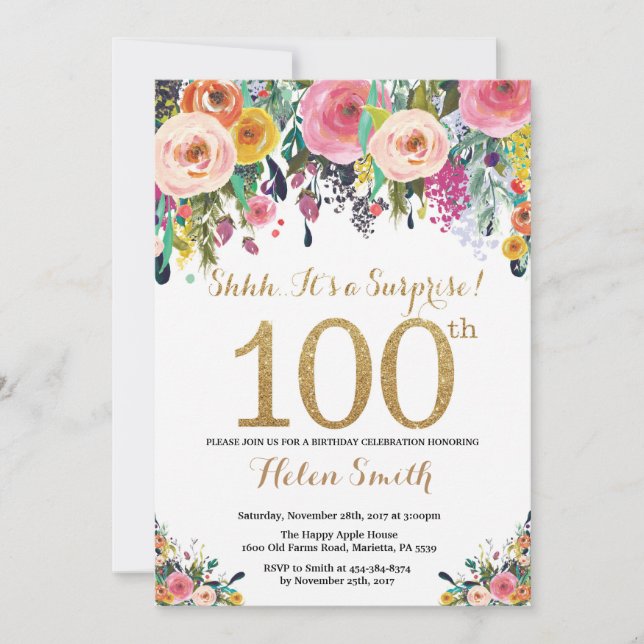 Convite de Aniversário de 100 anos Floral Surpresa (Frente)