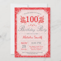Convite de Aniversário de 100 anos Floral Vermelho