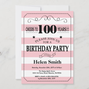Convite de Aniversário de 100 anos Listras Rosa e