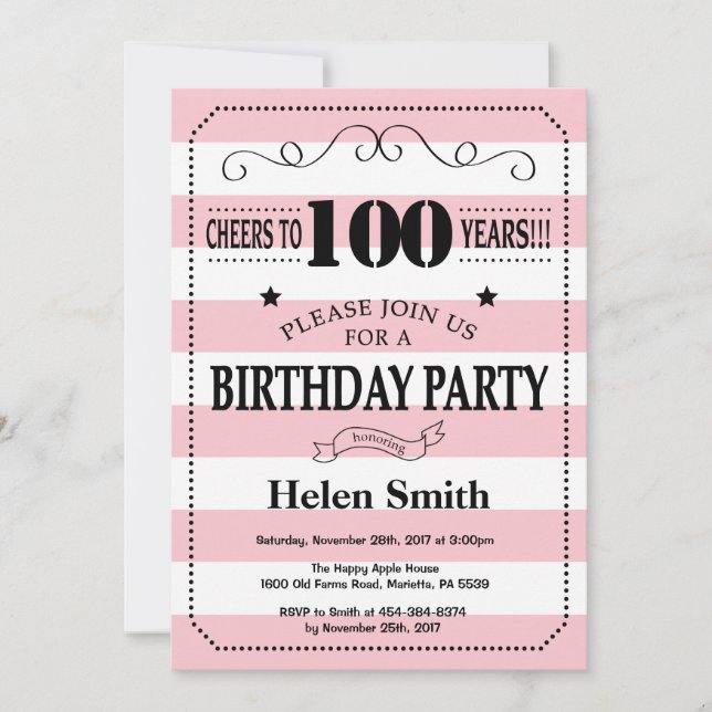 Convite de Aniversário de 100 anos Listras Rosa e  (Frente)