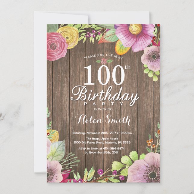Convite de Aniversário de 100 anos para Mulheres F (Frente)