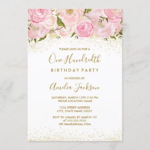 Convite de Aniversário de 100 anos Pink Gold Spark