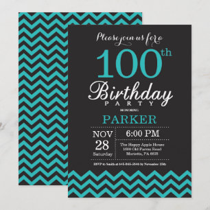 Convite de Aniversário de 100 anos Preto e Azul Tu