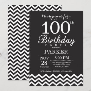 Convite de Aniversário de 100 anos Preto e Branco