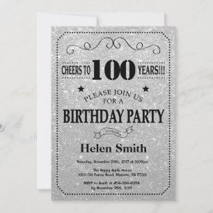 Convite de Aniversário de 100 anos Preto e Brilho 