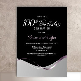 Convite de Aniversário de 100 anos Preto e Cinza