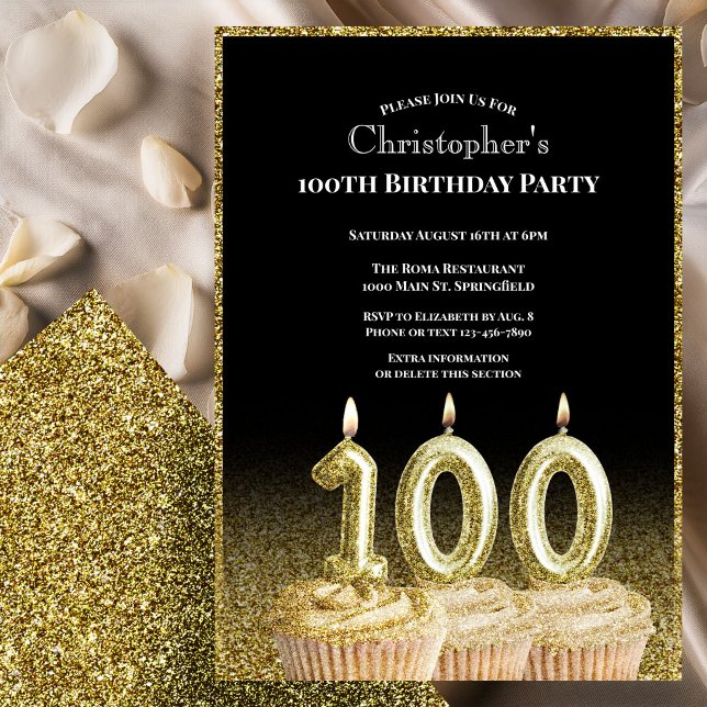 Convite de Aniversário de 100 anos Preto e Dourado (Criador carregado)