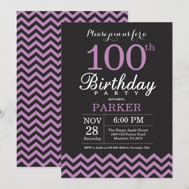Convite de Aniversário de 100 anos Preto e Roxo (Frente/Verso)