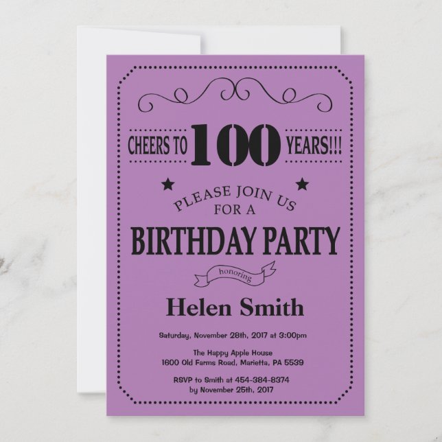 Convite de Aniversário de 100 anos Preto e Roxo (Frente)