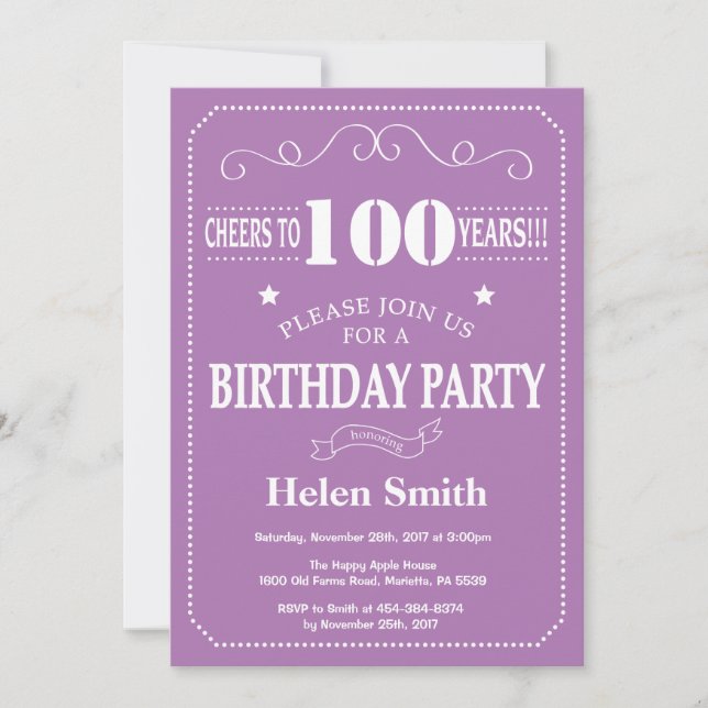 Convite de Aniversário de 100 anos Roxo e Branco (Frente)