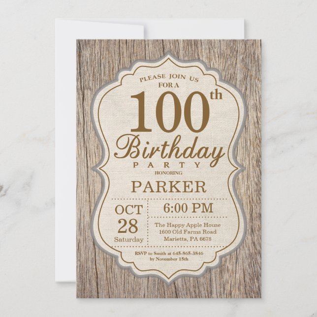 Convite de Aniversário de 100 anos Rústico de Made (Frente)