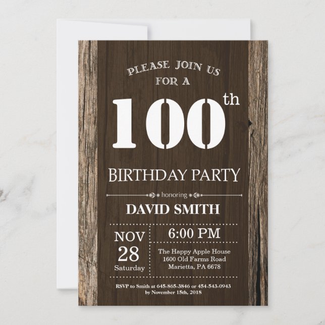 Convite de Aniversário de 100 anos Rústico Madeira (Frente)