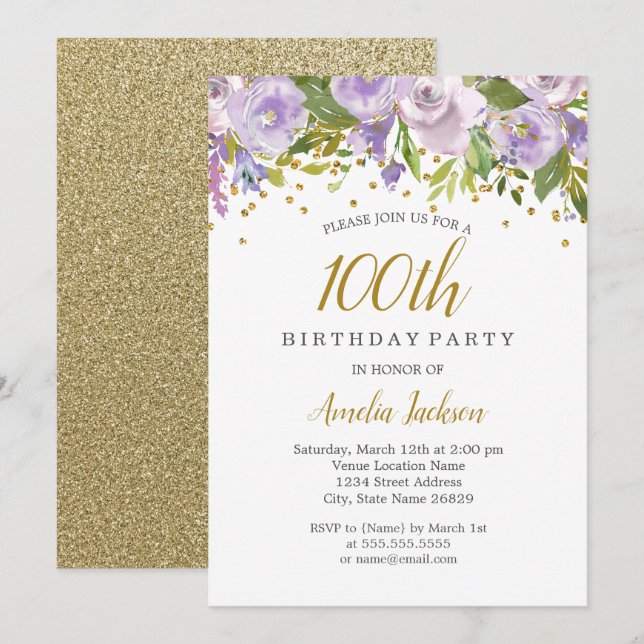 Convite de Aniversário de 100 anos Sparkle Floral  (Frente/Verso)