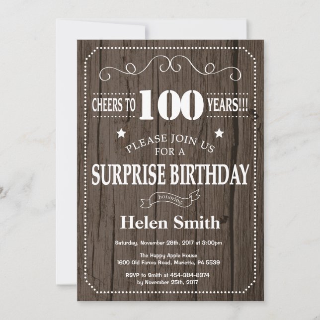 Convite de Aniversário de 100 anos Surpresa Rústic (Frente)
