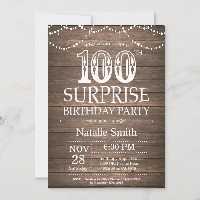 Convite de Aniversário de 100 anos Surpresa Rústic (Frente)
