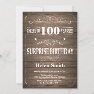 Convite de Aniversário de 100 anos Surpresa Rústic