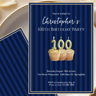Convite de Aniversário de 100 Anos Único Azul Dour