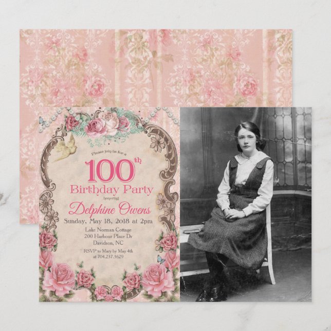 Convite de Aniversário de 100 anos Vintage Centená (Frente/Verso)