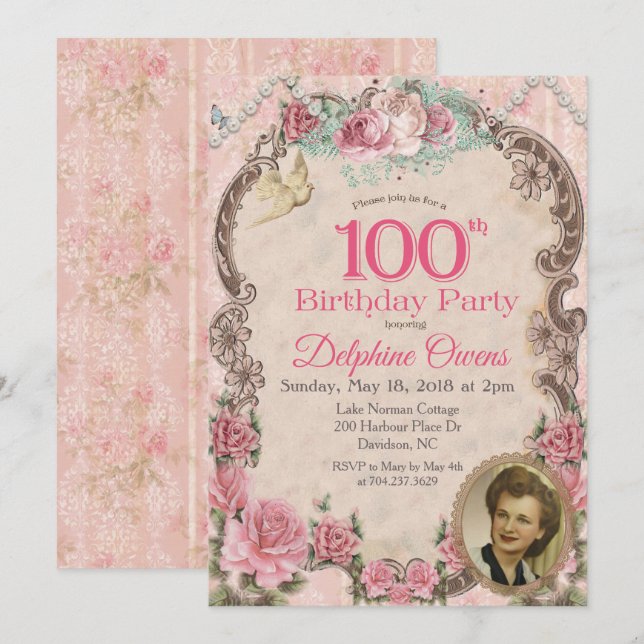 Convite de Aniversário de 100 anos Vintage Centená (Frente/Verso)