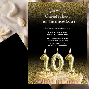 Convite de Aniversário de 101 anos Preto e Dourado
