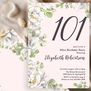 Convite de Aniversário de 101 anos Rosa Floral Peô