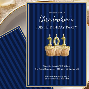 Convite de Aniversário de 101 Anos Único Azul Dour