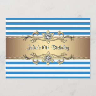 Convite de Aniversário de 10 anos Blue Stripe Gold
