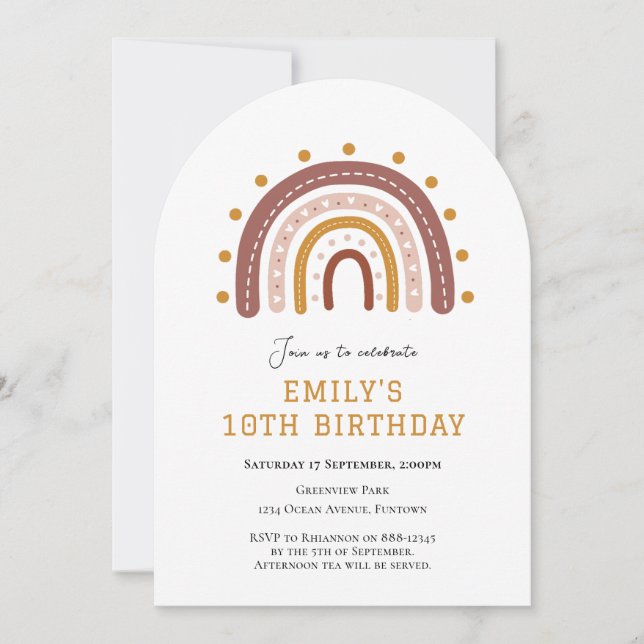 Convite de aniversário de 10 anos Boho Rainbow (Frente)