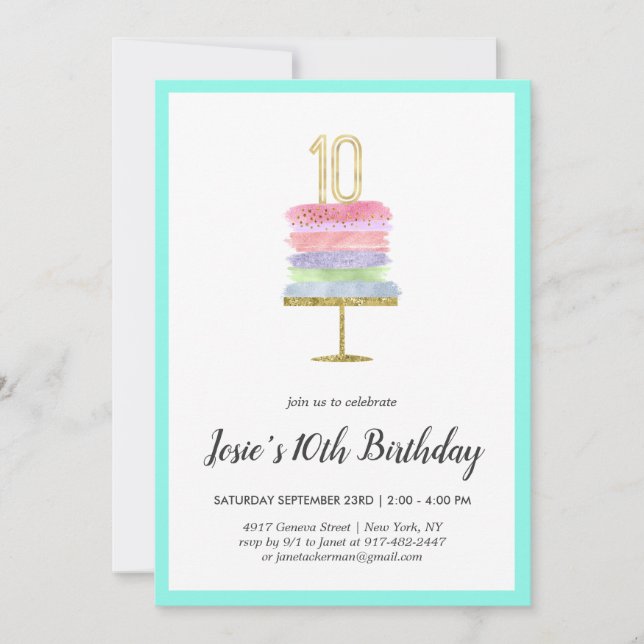 Convite de Aniversário de 10 anos | Bolo Arco-íris (Frente)