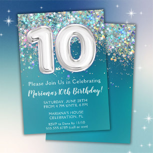 Convite de Aniversário de 10 anos Brilho Teal Prat