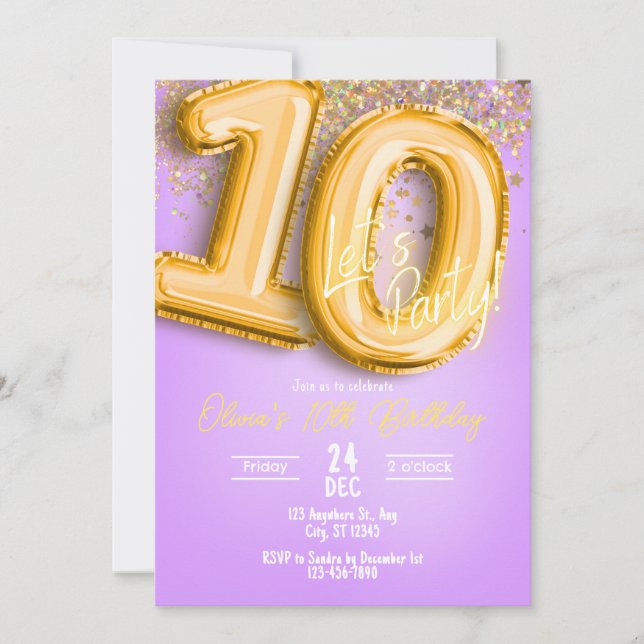 Convite de Aniversário de 10 anos com Brilho Roxo (Frente)