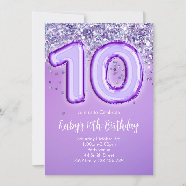 Convite de Aniversário de 10 anos com Brilho Roxo (Frente)