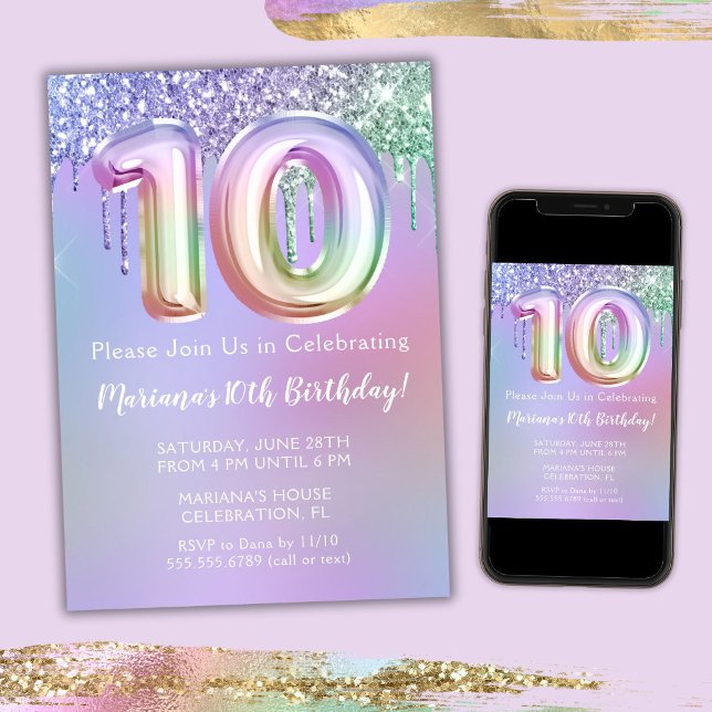 Convite de Aniversário de 10 anos com Brilho Roxo  (Criador carregado)