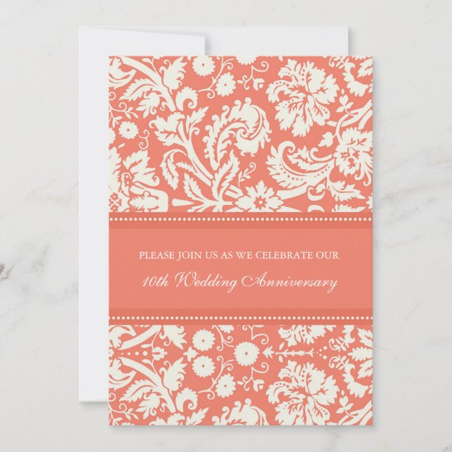 Convite de Aniversário de 10 anos Coral Damask (Frente)