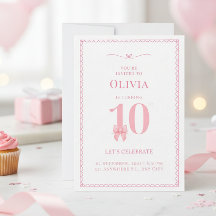 Convite de Aniversário de 10 Anos Menina Laço Rosa